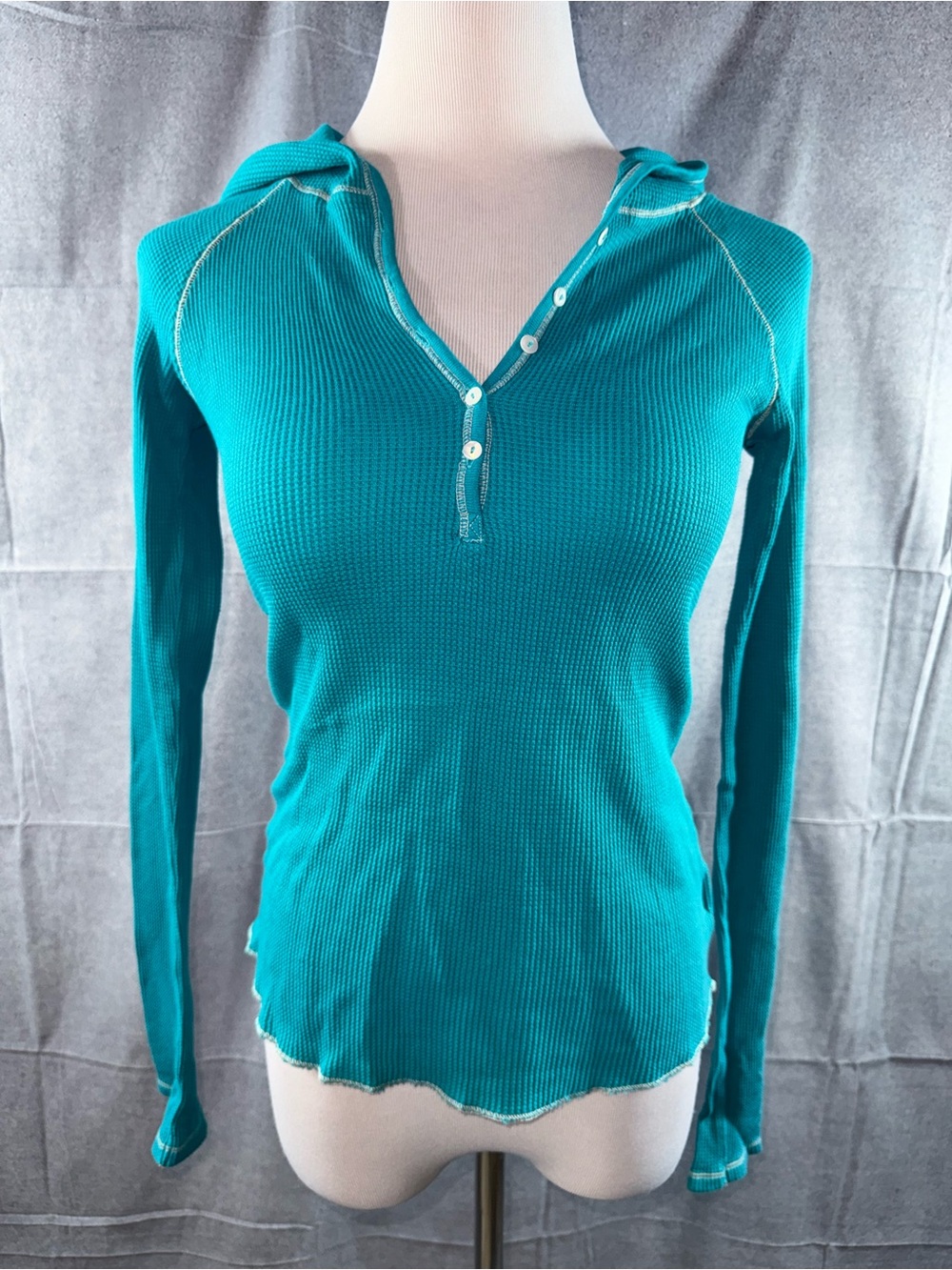 3172-Old Navy Teal Ribbed Waffle Henley Hoodie Top